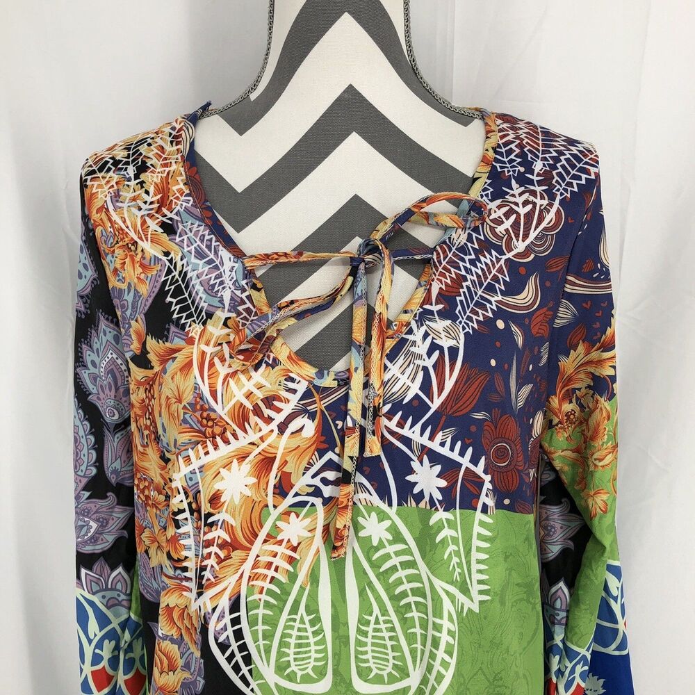 Man Xi Shang Multi Floral Lightweight Summer Mod Mini Dress Long Sleeve Tunic XL